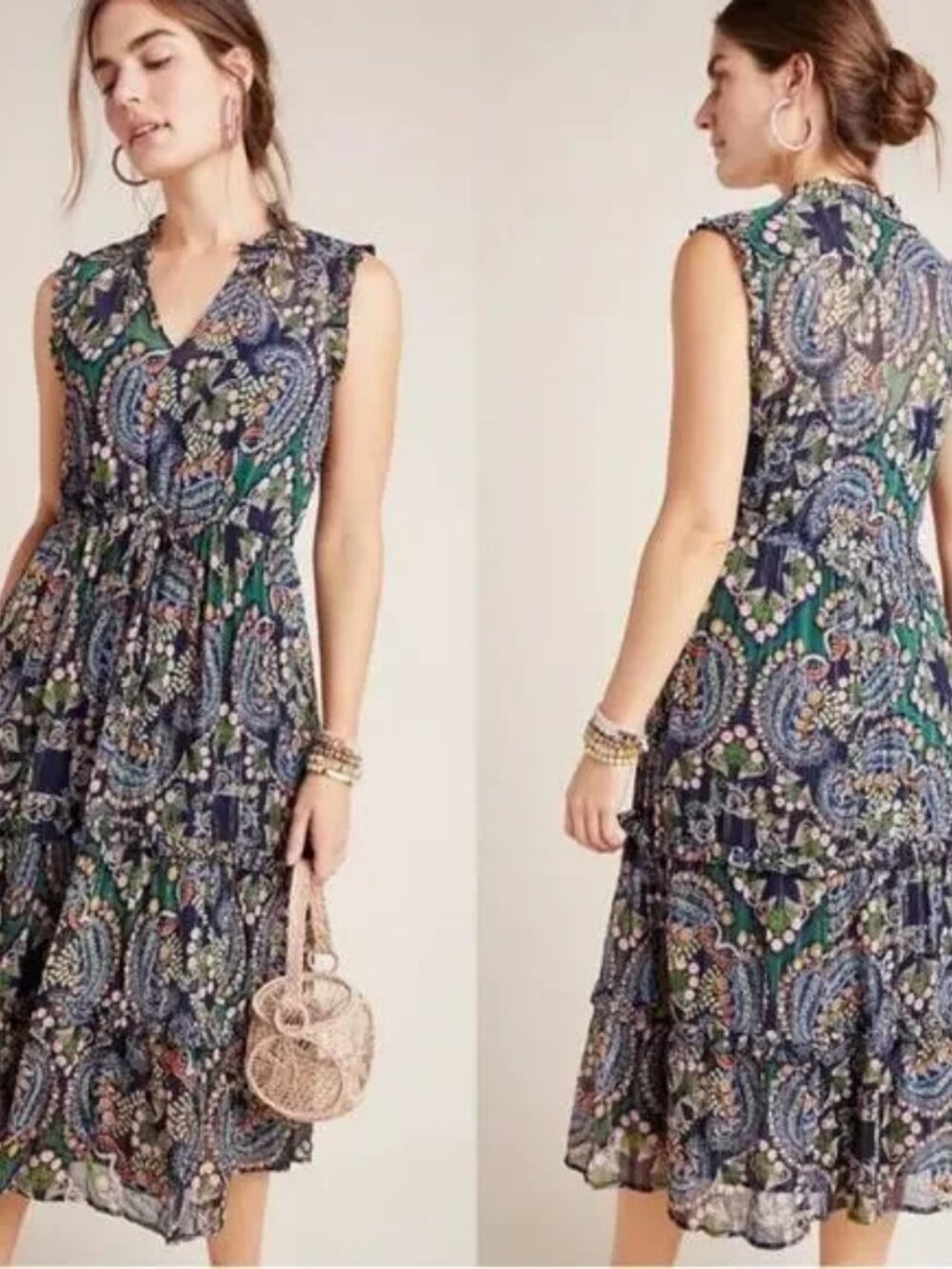 Anthropologie Elmira Ruffled Midi Dress Multicolor Paisley Boho Casual Dress.SZ6